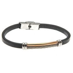 bracciale uomo in pelle e piastra in cavetto acciaio