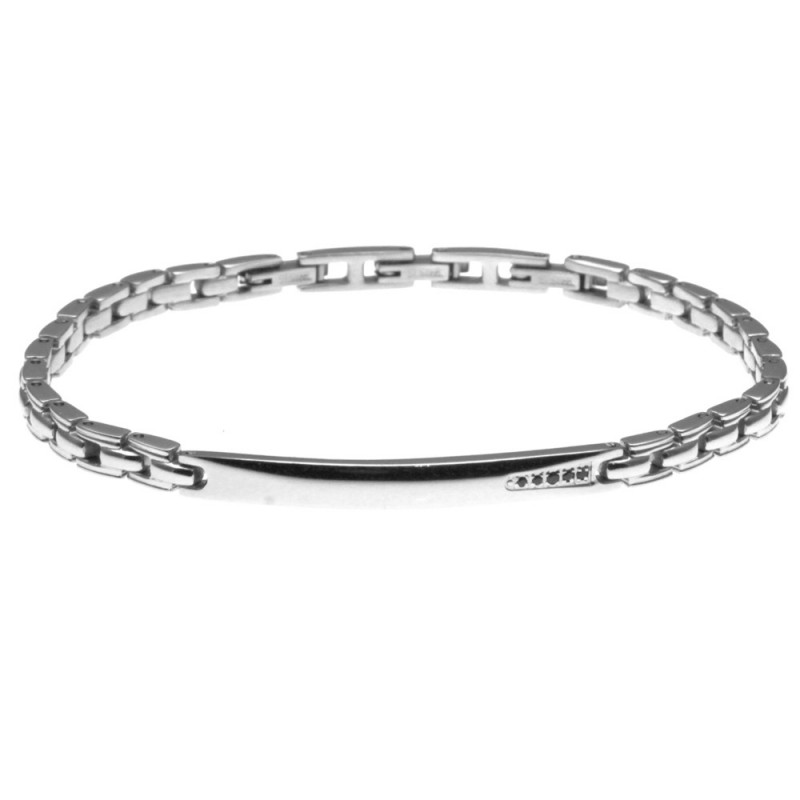 bracciale uomo con piastrina in acciaio e zirconi neri