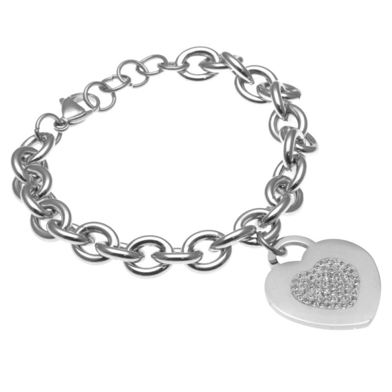 bracciale donna con cuore in acciaio e strass
