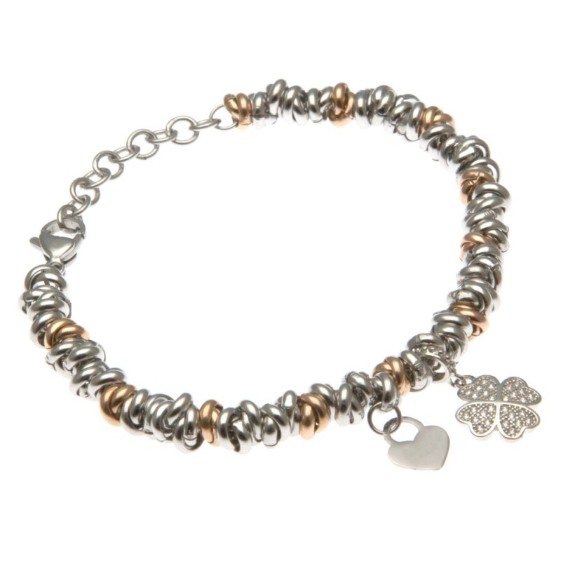 bracciale donna con quadrifoglio catena ad anellini bicolore in acciaio
