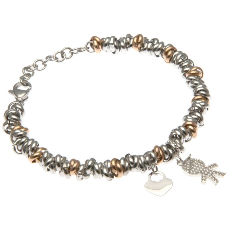 bracciale donna con bebe maschietto catena ad anellini bicolore in acciaio
