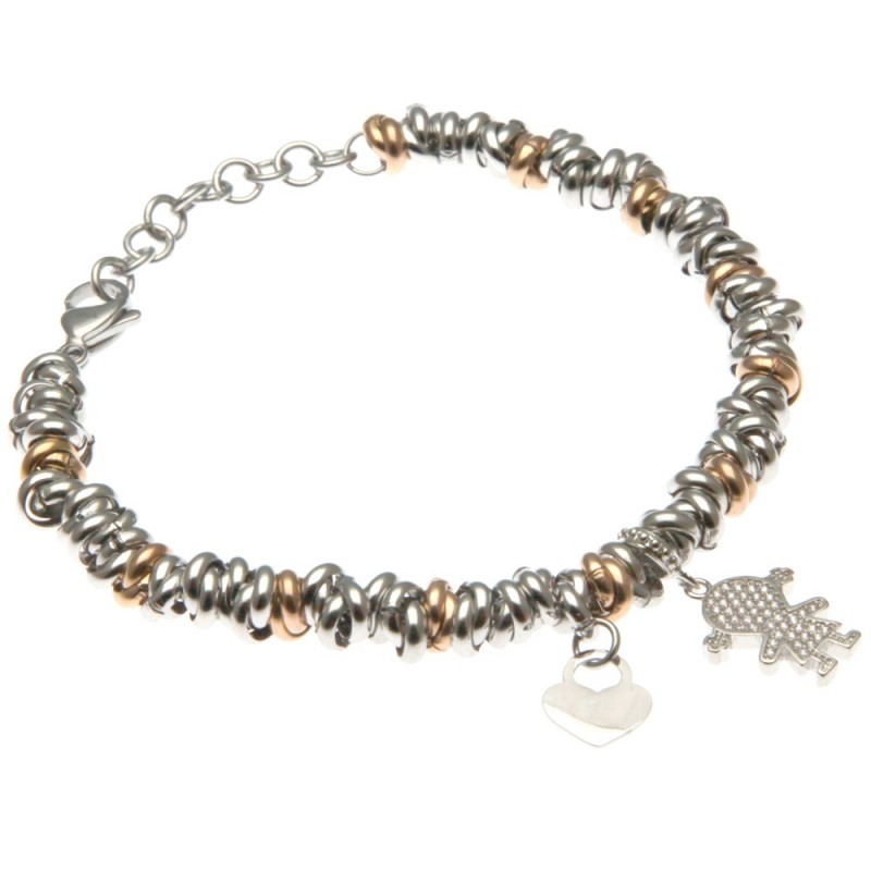 bracciale donna con bebe femminuccia catena ad anellini bicolore in acciaio