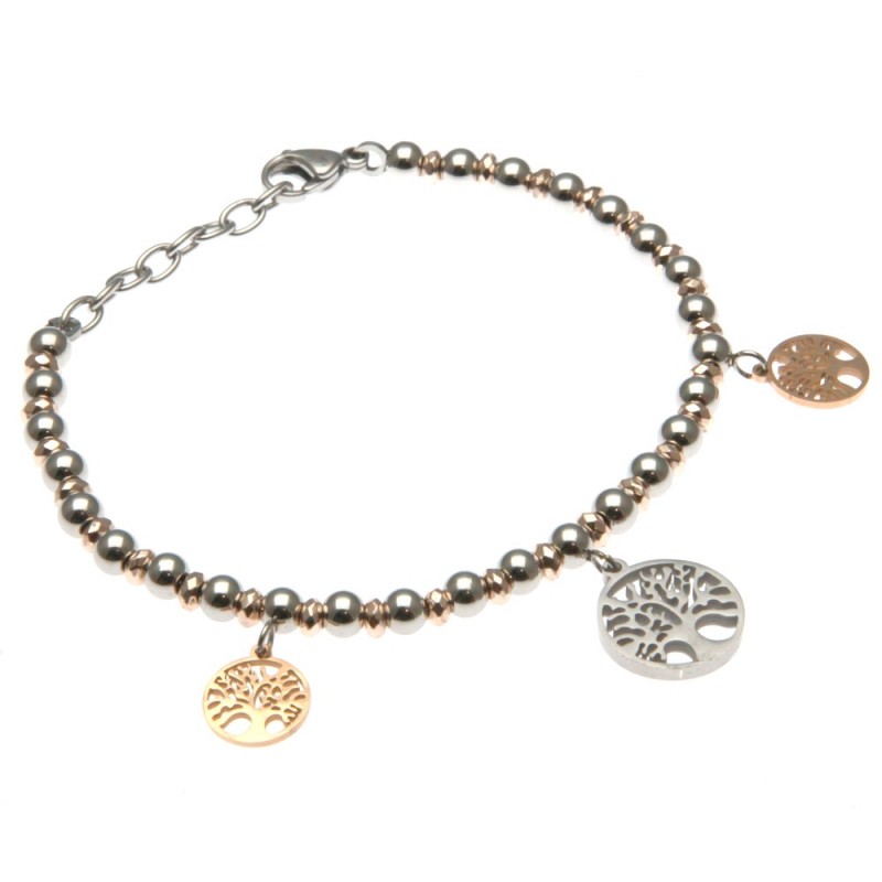 bracciale donna con albero della vita catena a palline bicolore in acciaio