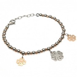 bracciale donna con quadrifoglio catena a palline bicolore in acciaio
