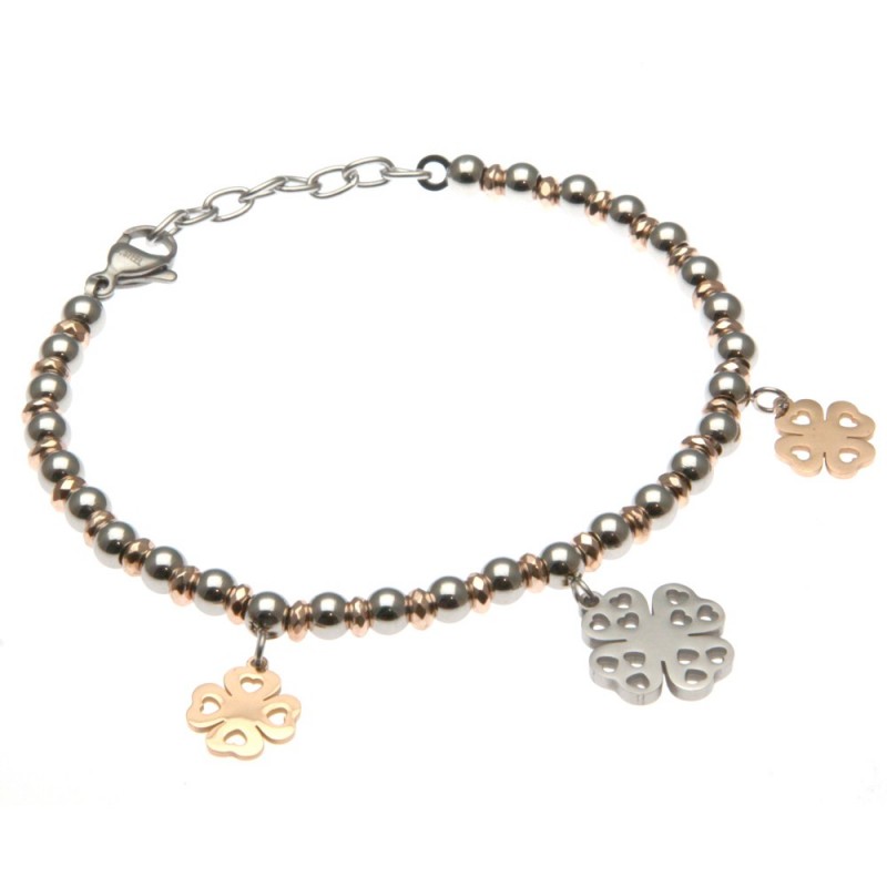 bracciale donna con quadrifoglio catena a palline bicolore in acciaio