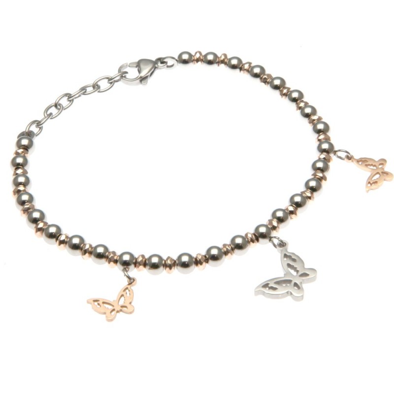 bracciale donna con farfalle catena a palline bicolore in acciaio