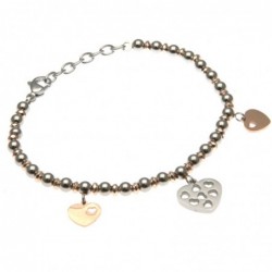 bracciale donna con cuori catena a palline bicolore in acciaio