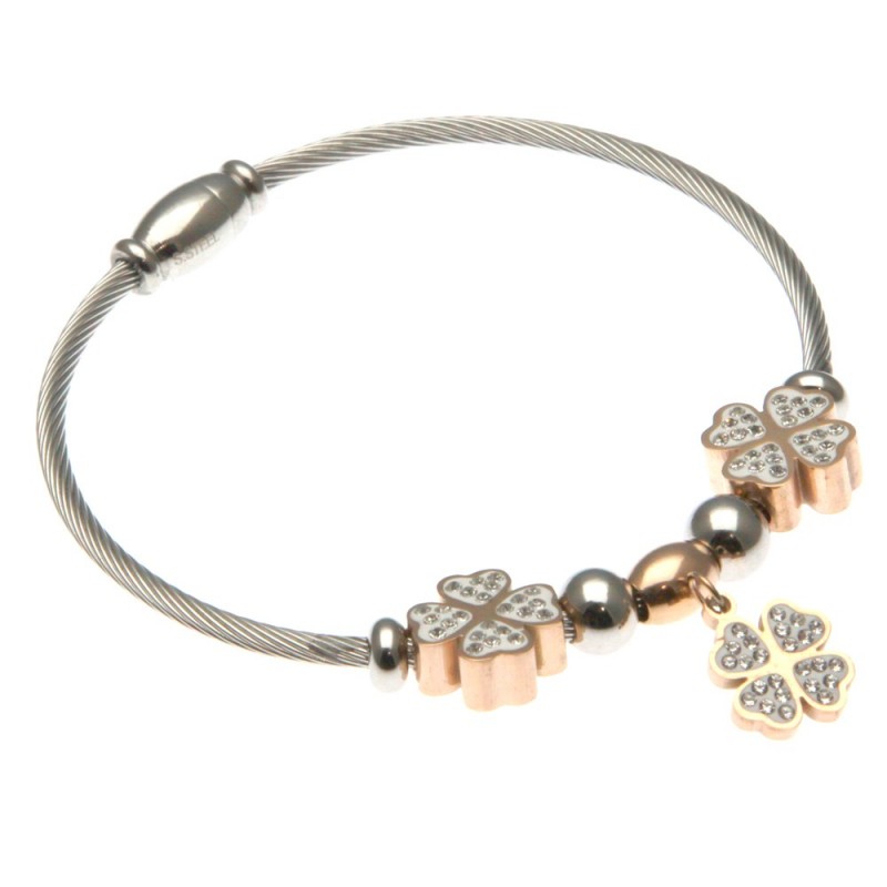 bracciale rigido donna con quadrifogli in acciaio e strass