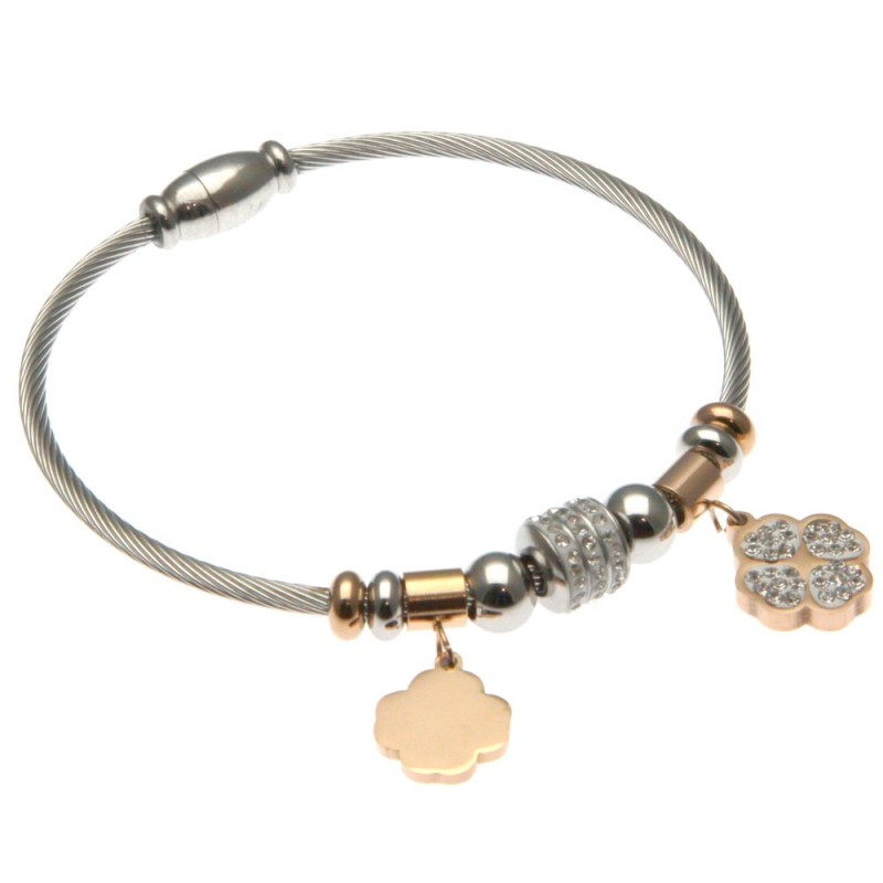 bracciale rigido donna con quadrifogli in acciaio e strass