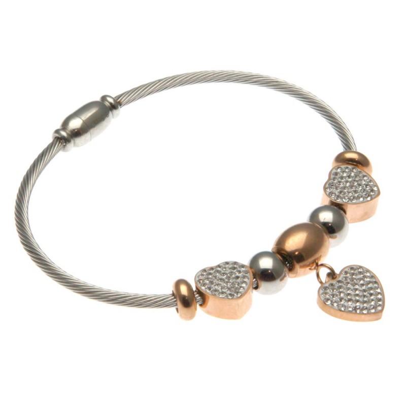 bracciale rigido donna con cuoricini in acciaio e strass