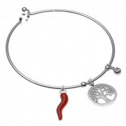 bracciale donna rigido con corno rosso e albero della vita in acciaio