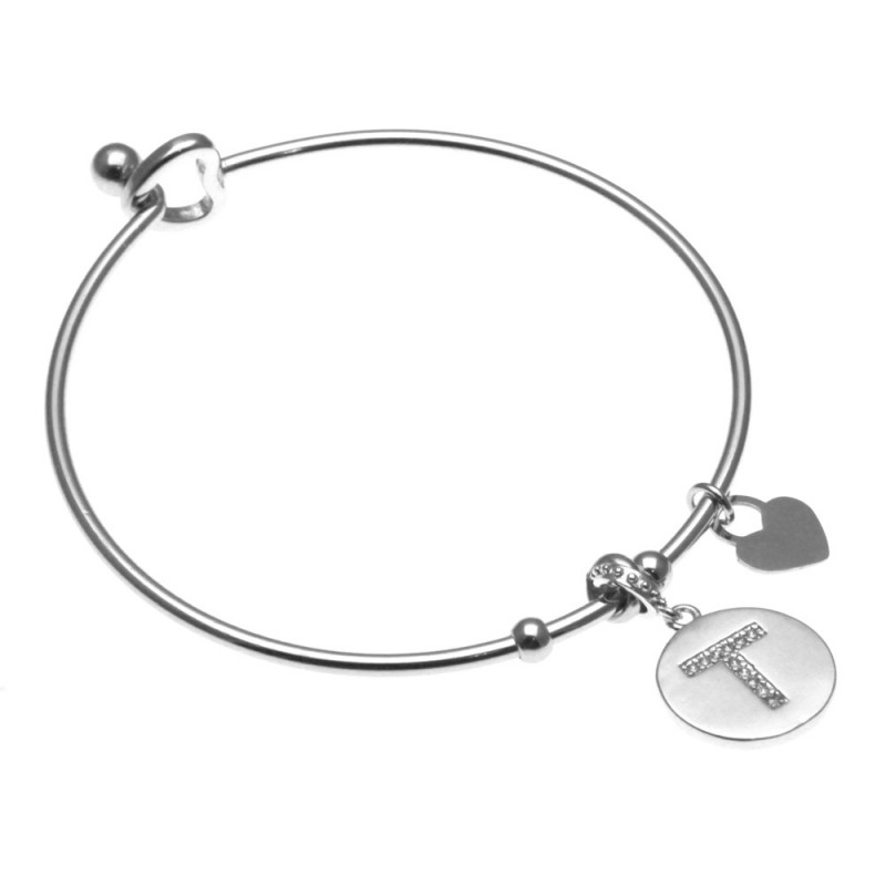 bracciale donna rigido con lettera t in acciaio e strass
