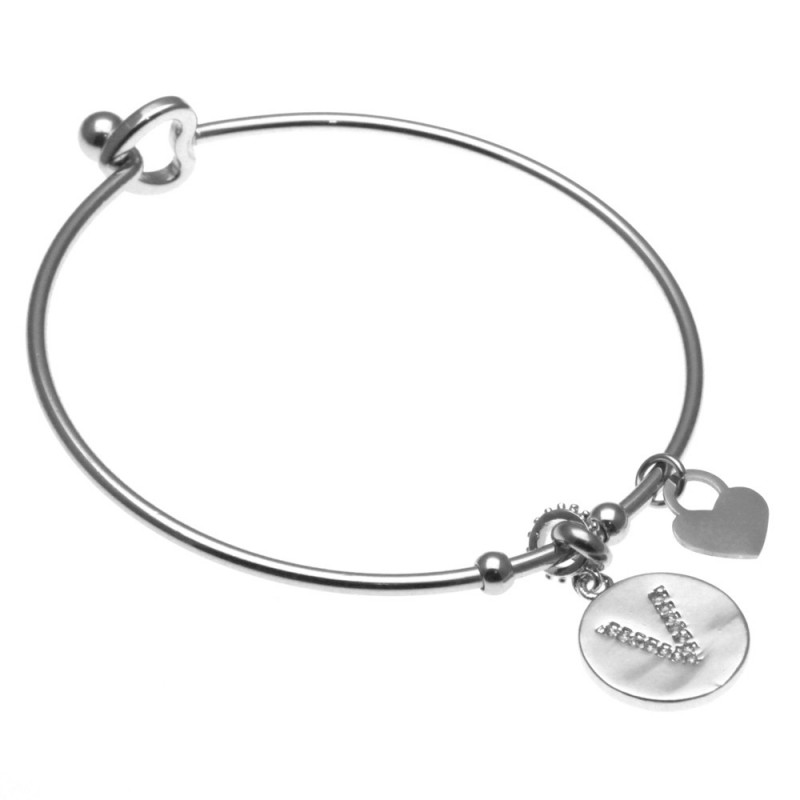 bracciale donna rigido con lettera v in acciaio e strass