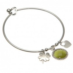 bracciale donna rigido con quadrifoglio in acciaio e bottone in cristallo
