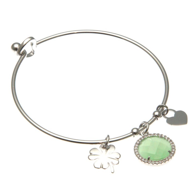 bracciale donna rigido con quadrifoglio in acciaio e bottone in cristallo