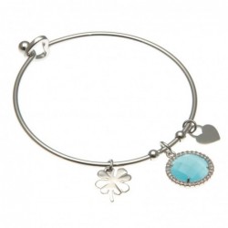 bracciale donna rigido con quadrifoglio in acciaio e bottone in cristallo