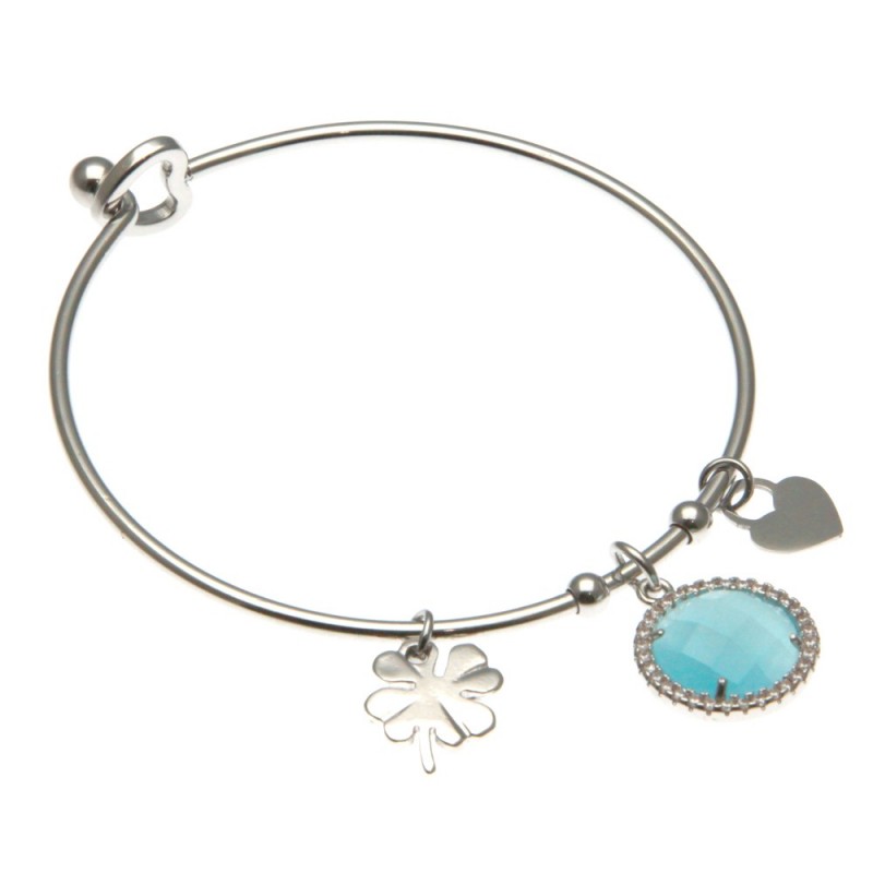 bracciale donna rigido con quadrifoglio in acciaio e bottone in cristallo