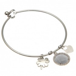 bracciale donna rigido con quadrifoglio in acciaio e bottone in cristallo
