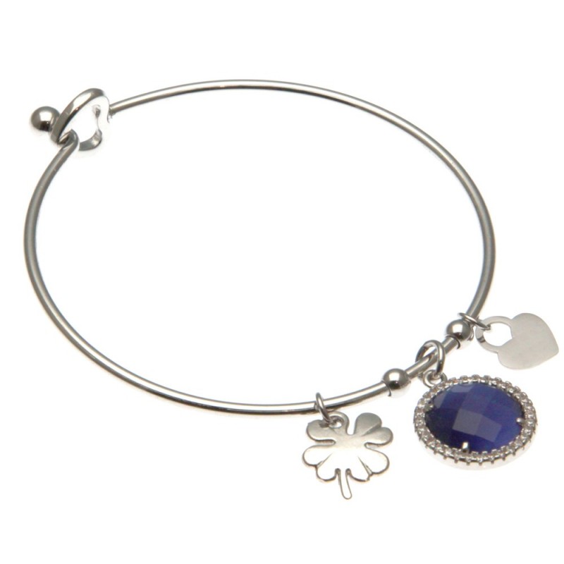 bracciale donna rigido con quadrifoglio in acciaio e bottone in cristallo