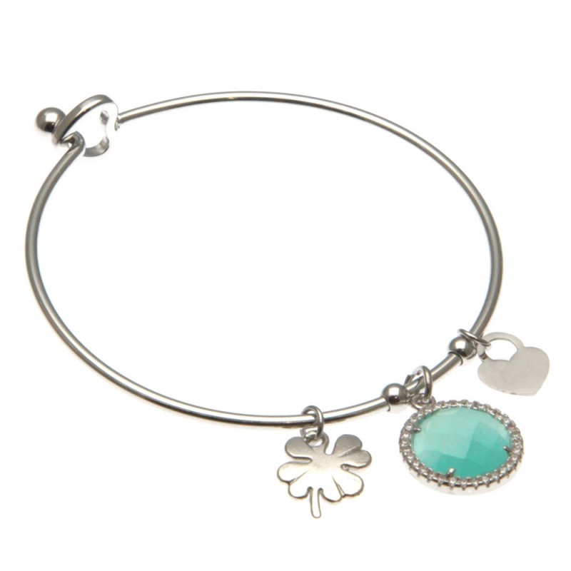 bracciale donna rigido con quadrifoglio in acciaio e bottone in cristallo