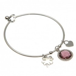 bracciale donna rigido con quadrifoglio in acciaio e bottone in cristallo