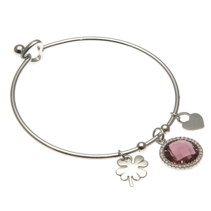 bracciale donna rigido con quadrifoglio in acciaio e bottone in cristallo