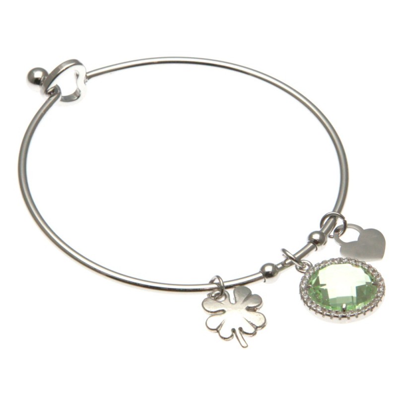 bracciale donna rigido con quadrifoglio in acciaio e bottone in cristallo