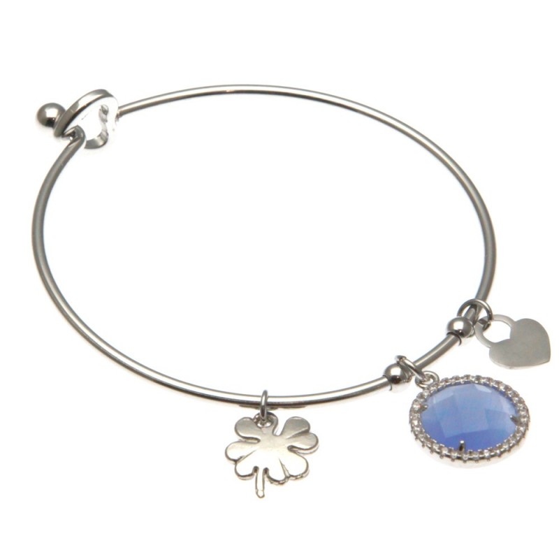 bracciale donna rigido con quadrifoglio in acciaio e bottone in cristallo