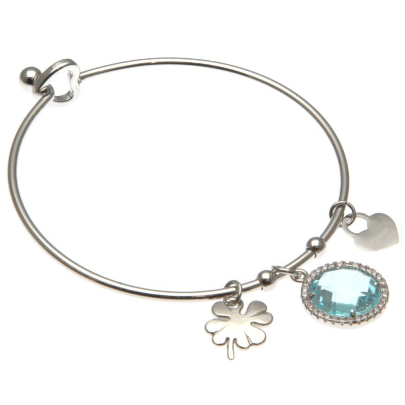 bracciale donna rigido con quadrifoglio in acciaio e bottone in cristallo