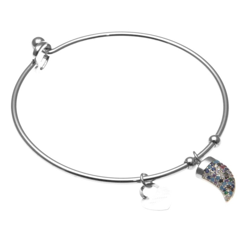 bracciale donna rigido in acciaio e corno con strass colorati
