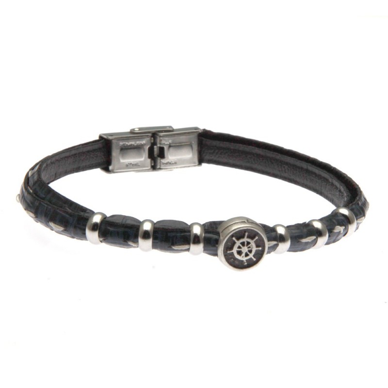 bracciale uomo con timone in acciaio e pelle