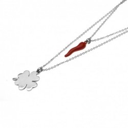 collana donna con corno rosso e quadrifoglio in acciaio