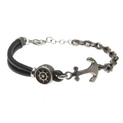 bracciale uomo con ancora e timone in pelle e acciaio invecchiato