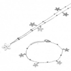 parure donna collana e bracciale con fiorellini in acciaio