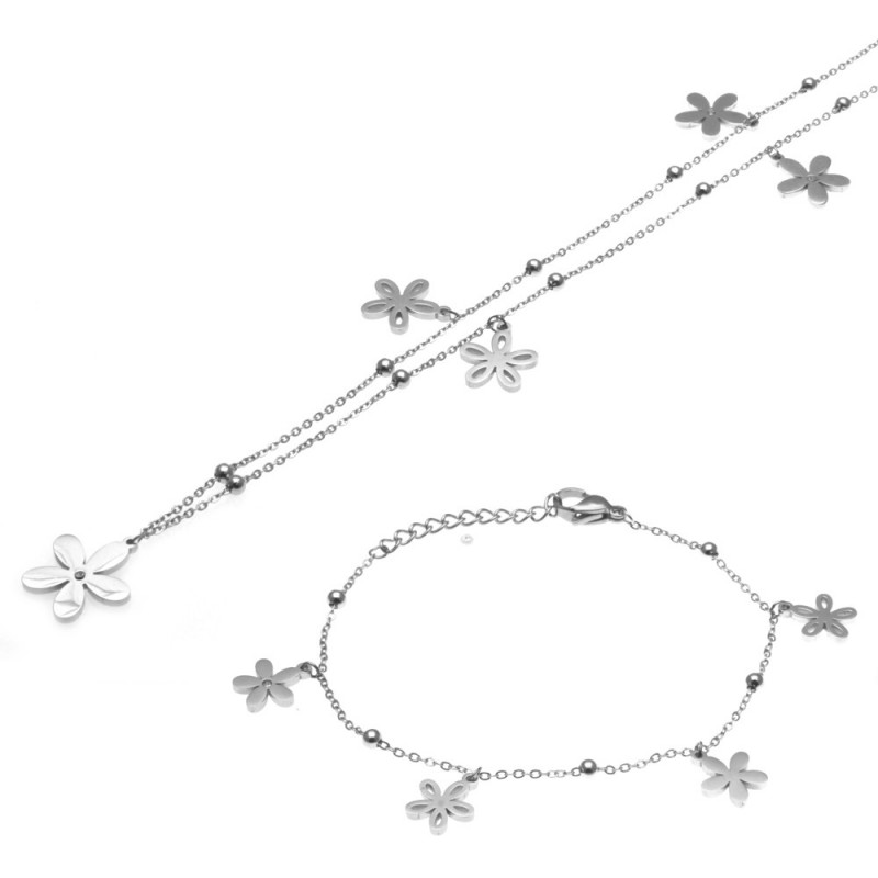 parure donna collana e bracciale con fiorellini in acciaio
