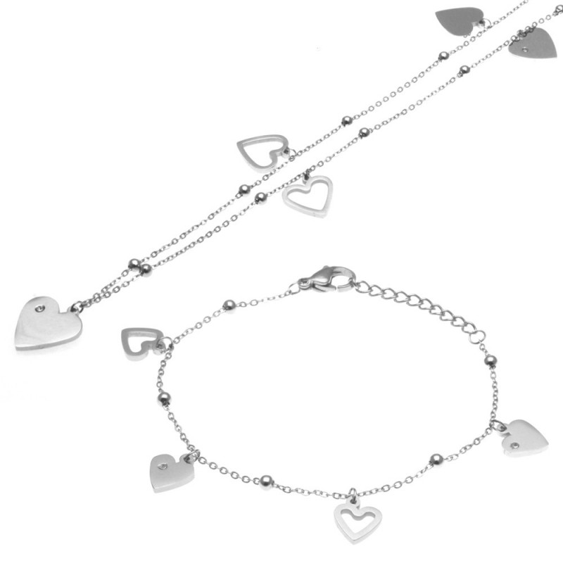 parure donna collana e bracciale con cuoricini in acciaio