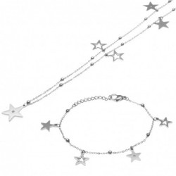 parure donna collana e bracciale con stelline in acciaio