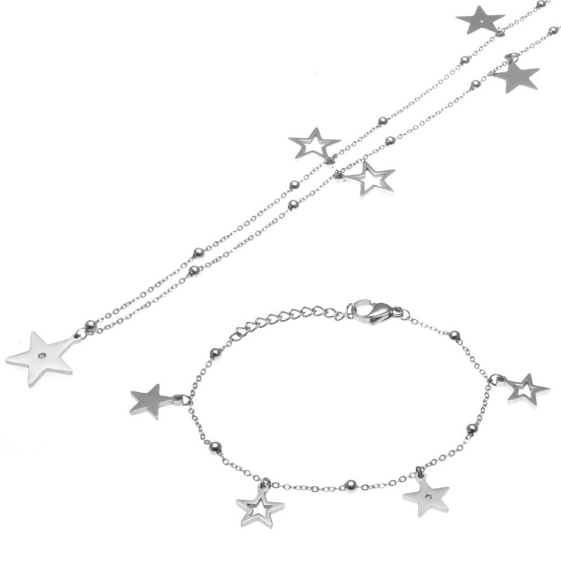 parure donna collana e bracciale con stelline in acciaio