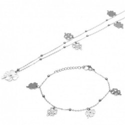 parure donna collana e bracciale con quadrifogli in acciaio