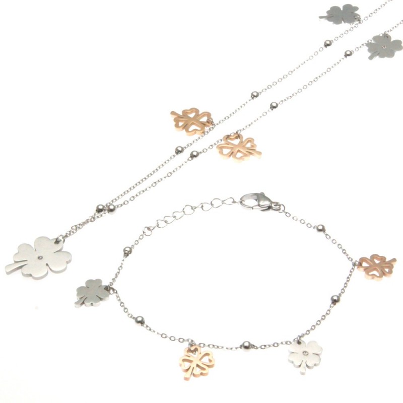 parure donna collana e bracciale con fiorellini in acciaio