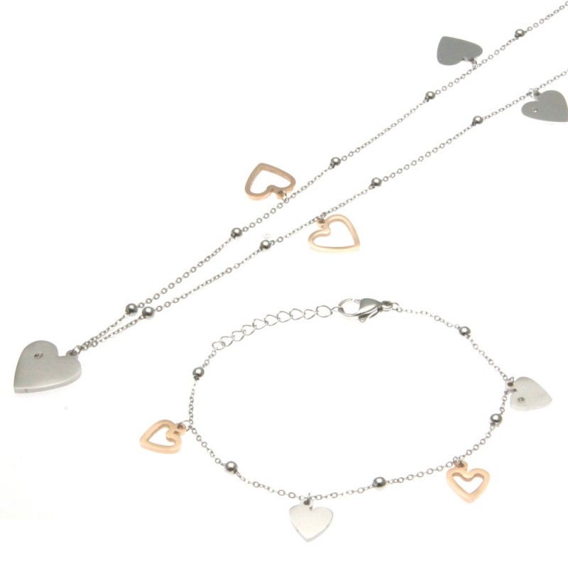 parure donna collana e bracciale con quadrifogli in acciaio