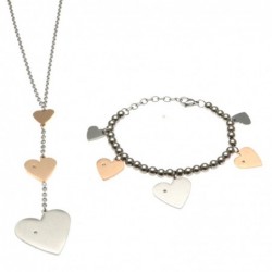 parure donna collana e bracciale con cuori in acciaio