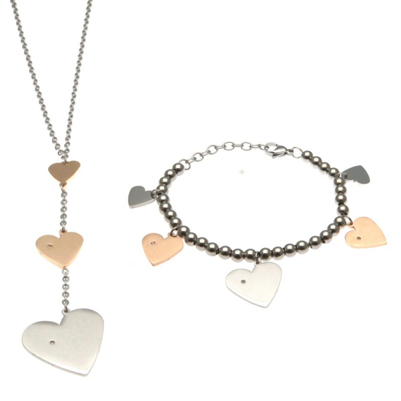 parure donna collana e bracciale con cuori in acciaio