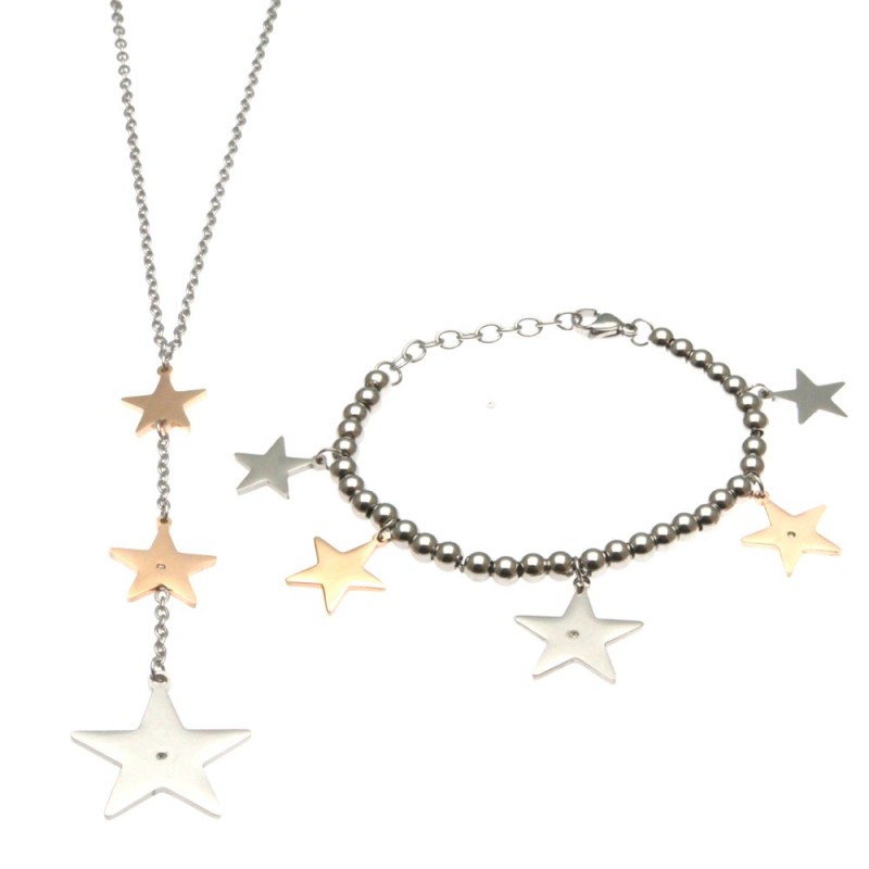 parure donna collana e bracciale con stelle in acciaio