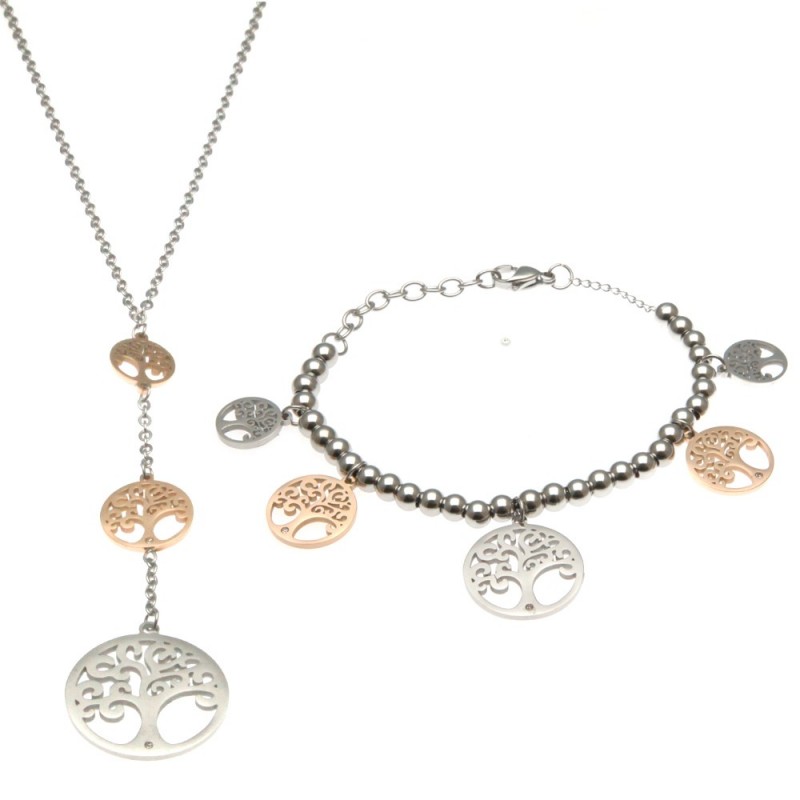 parure donna collana e bracciale con albero della vita in acciaio