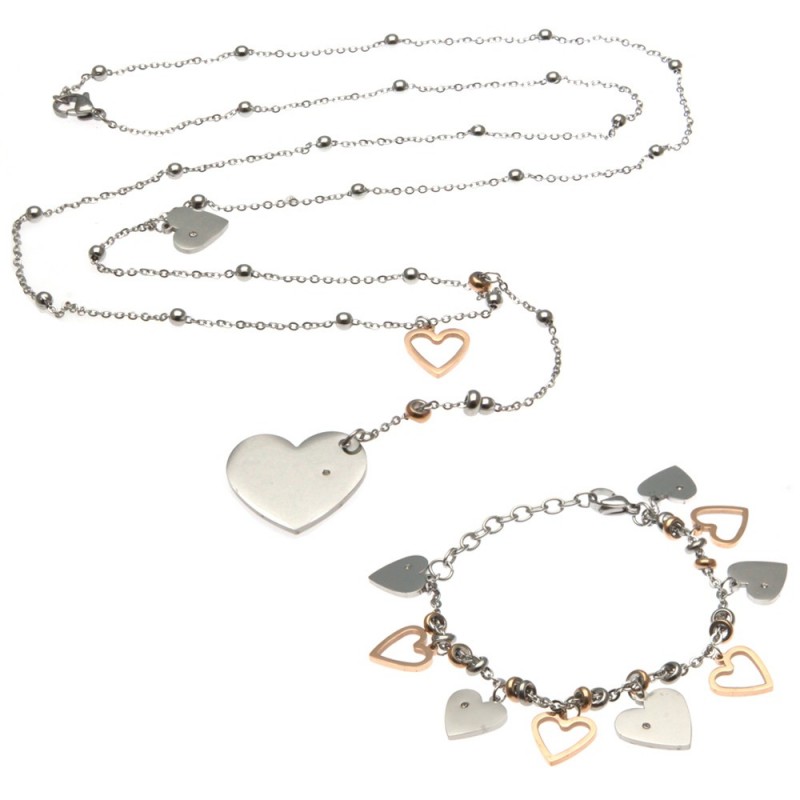 parure donna collana e bracciale con cuoricini in acciaio