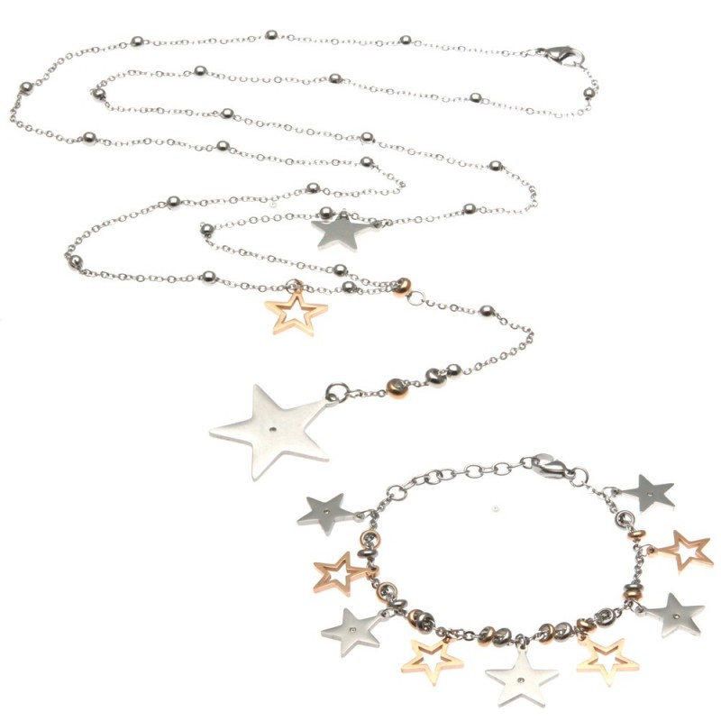 parure donna collana e bracciale con stelline in acciaio