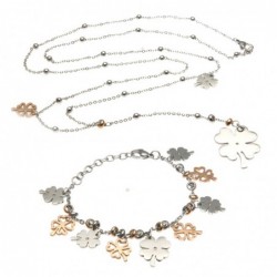parure donna collana e bracciale con quadrifogli in acciaio