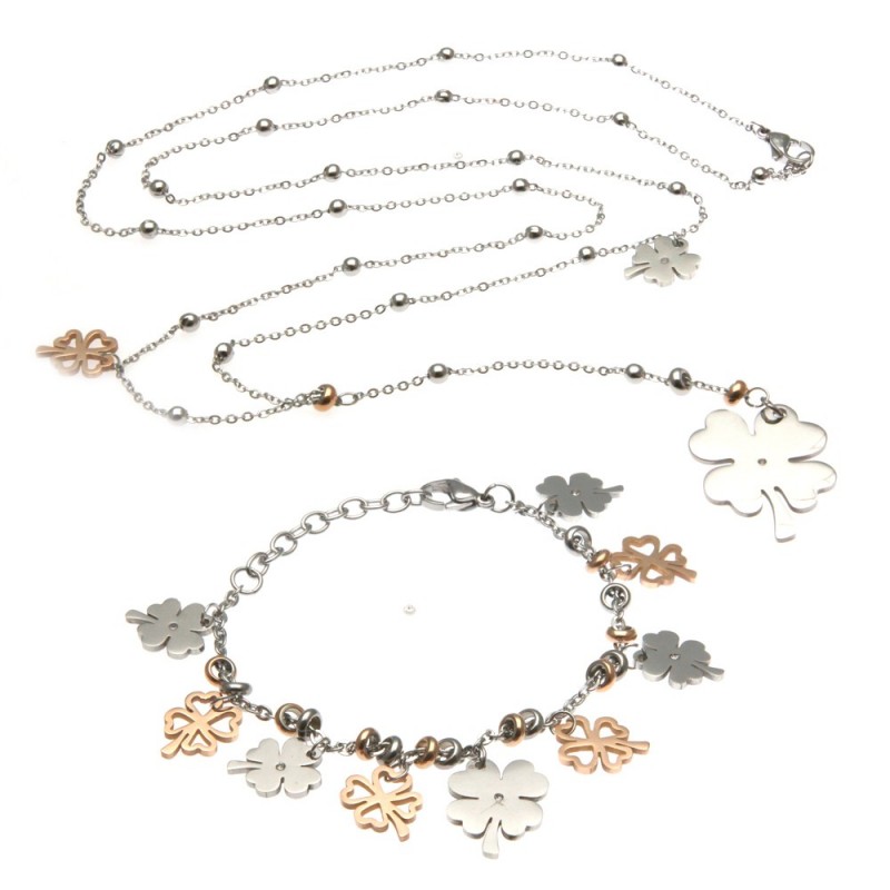parure donna collana e bracciale con quadrifogli in acciaio