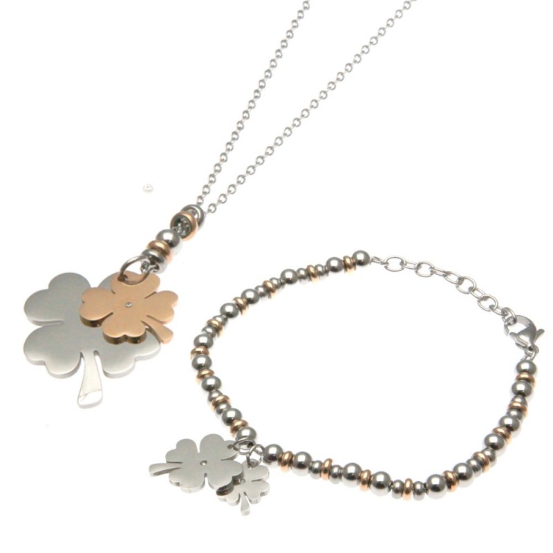 parure donna collana e bracciale con quadrifogli in acciaio